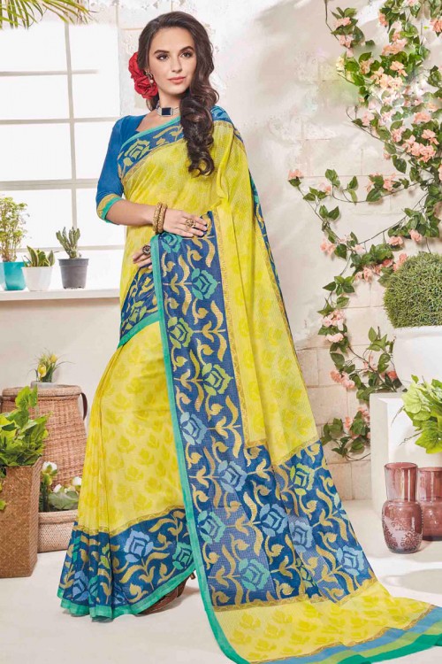 Stylish & Designer Yellow And Blue Art Silk Saree With Art Silk Blouse